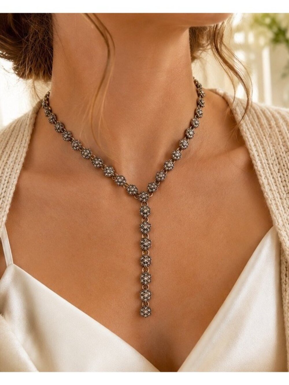 J. Crew Dainty Crystal Flower Y-Drop Necklace Antiqued Gold Tone Rhinestone